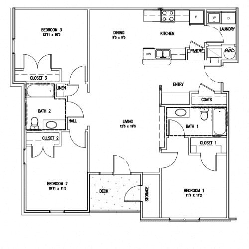 Floor plan for 3 beds, 2 baths, 1343 sqft